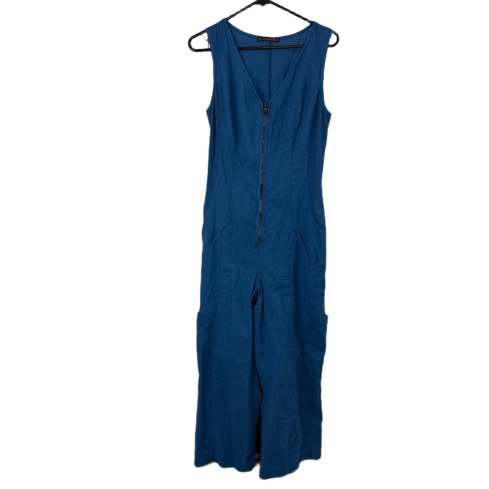 Wearables Jumpsuit Womens Small Blue Zip Front Sleeveless Wide Leg Cargo Linen